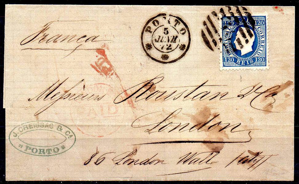 0757.jpg -     Lote:    757            Portugal       Descrição:         1870/76 &mdash; D. Luís I. Fita direita. CE44, 120 reis azul, denteado 12 &frac12;, em carta circulada do Porto (02.06.72) para Londres. Valor de catálogo &euro; 528,00..        Carta       Valor Base:     &euro; 75,00     Valor Venda:     &euro;      