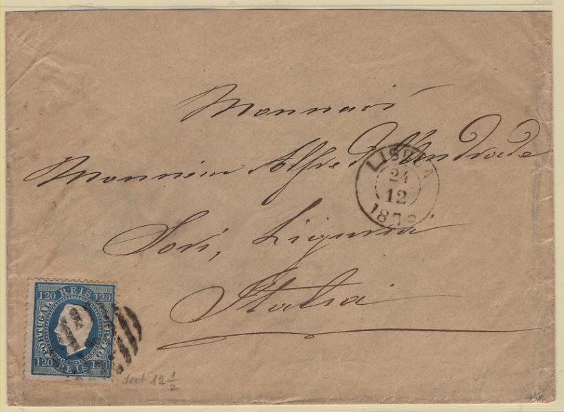0758.jpg -     Lote:    758            Portugal       Descrição:         1870/76 &mdash; D. Luís I. Fita direita. CE44, 120 reis, papel liso, denteado 12 &frac12;, em sobrescrito circulado de Lisboa (24.12.75) para Itália / Sori (31.12.75). No verso marca do correio ambulante italiano "MODANE-TORINO / 31 DIC 75"        Carta       Valor Base:     &euro; 140,00     Valor Venda:     &euro;      