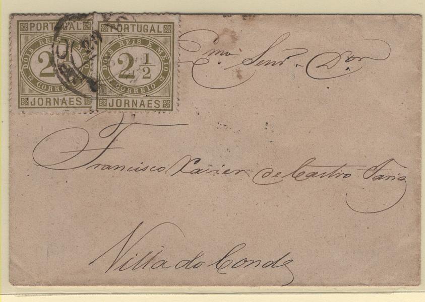 0764.jpg -     Lote:    764            Portugal       Descrição:         1876 &mdash; Jornais. CE48, 2 &frac12; reis, papel liso, denteado 13 &frac12;. Dois selos em pequeno sobrescrito circulado do Porto (20.06.83) para Vila do Conde. No verso carimbo nominativo a preto "VILLA / DO / CONDE".        Carta       Valor Base:     &euro; 20,00     Valor Venda:     &euro;      