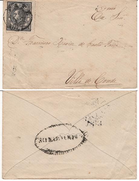 0765.jpg -     Lote:    765            Portugal       Descrição:         1880 &mdash; D. Luís I, de perfil. CE52, 5 reis preto, tipo II, denteado 13 &frac12;, como porte de impresso, em sobrescrito circulado de Fafe (07.06.80) para Vila do Conde, obliterado com carimbo a preto "V.ª DO CONDE".        Carta       Valor Base:     &euro; 12,00     Valor Venda:     &euro;      