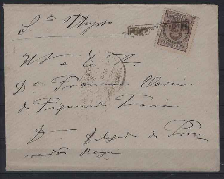 0768.jpg -     Lote:    768            Portugal       Descrição:         1882 &mdash; D. Luís I, de frente. CE57, 25 reis, papel liso, denteado 12 &frac12; em sobrescrito circulado da Póvoa de Varzim para Santo Tirso via Porto (12.07.83), obliterado com marca nominativa a preto "POVOA DE VARZIM".        Carta       Valor Base:     &euro; 20,00     Valor Venda:     &euro;      