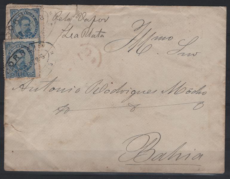 0769.jpg -     Lote:    769            Portugal       Descrição:         1882 &mdash; D. Luís I, de frente. CE58, 50 reis, papel liso, denteado 12 &frac12;, circulado de Cascais (12.10.86) para a Baía pelo vapor La Plata. Carimbo de dupla oval "CORREIO DE CASCAES".        Carta       Valor Base:     &euro; 20,00     Valor Venda:     &euro;      