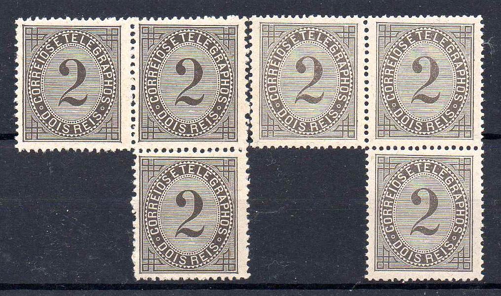 0770.jpg -     Lote:    770            Portugal       Descrição:         1884 &mdash; Taxa de telegramas. CE59, 2 reis. Lote com 2 blocos de 3 selos, papel liso, denteados 12 &frac12; e 13 1/3. Valor de catálogo &euro; 336,00.        ***       Valor Base:     &euro; 30,00     Valor Venda:     &euro;      