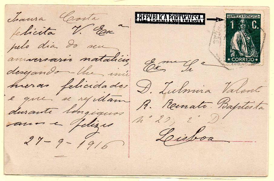 0823.jpg -     Lote:    823            Portugal       Descrição:         1912 &mdash; Ceres. CE208, 1C, denteado 15x14 em postal ilustrado circulado em Lisboa (27.09.16). Selo com variedade de cliché         PI       Valor Base:     &euro; 20,00     Valor Venda:     &euro;      