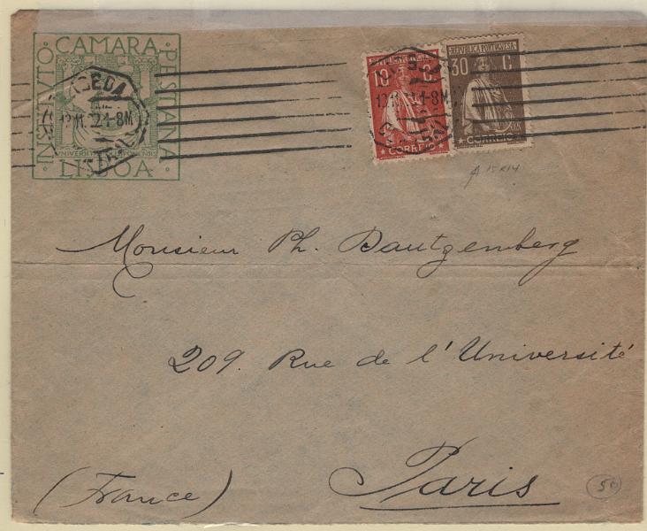 0846.jpg -     Lote:    846            Portugal       Descrição:         1912/22 &mdash; Ceres. Sobrescrito circulado de Lisboa (12.11.21) para Paris, com selos de 10C CE215 e 30C, denteado 15x14, papel espesso, CE242.        Carta       Valor Base:     &euro; 35,00     Valor Venda:     &euro;      