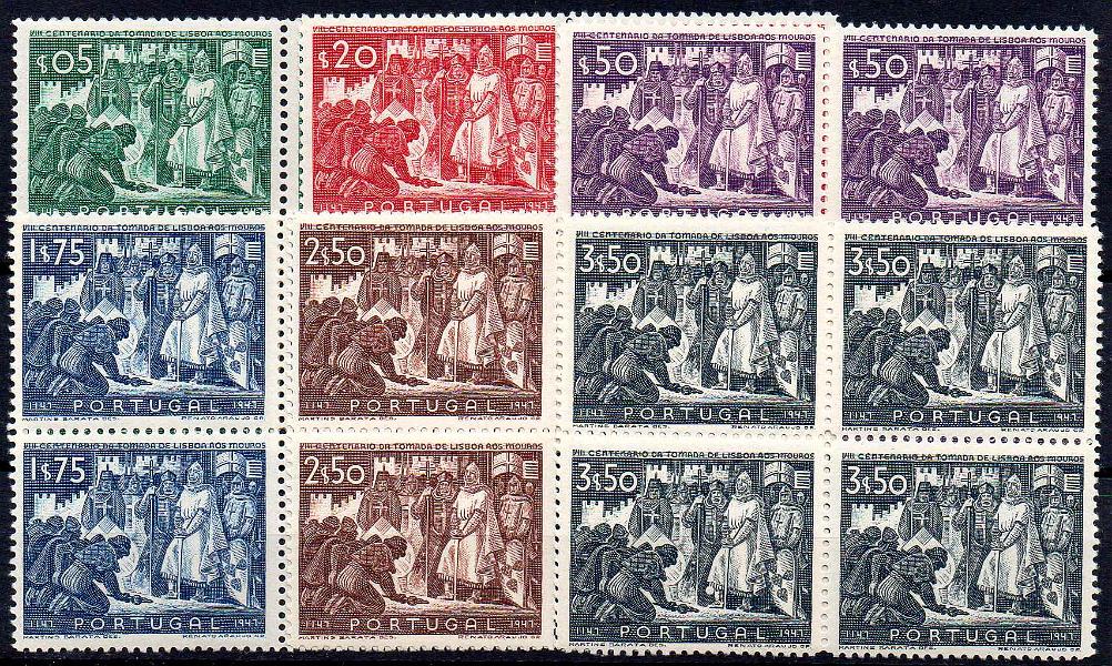 0921.jpg -     Lote:    921            Portugal       Descrição:         1947 &mdash; 8.º Centenário da Tomada de Lisboa aos Mouros. CE685/690. Série completa em quadras com goma original sem sinal de charneira. Valor de catálogo &euro; 308,00.        ***       Valor Base:     &euro; 30,00     Valor Venda:     &euro;      