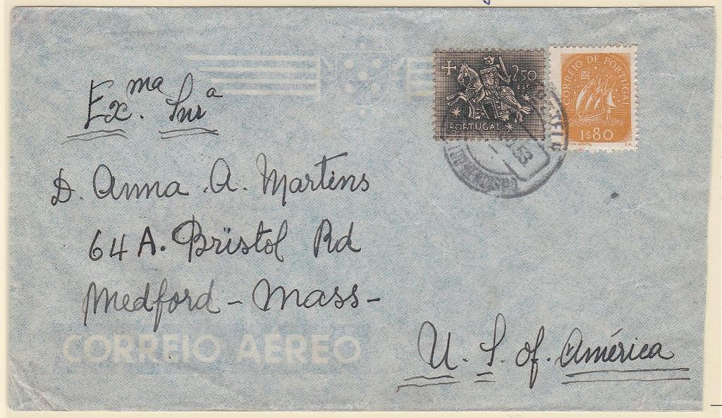 0924.jpg -     Lote:    924            Portugal       Descrição:         1948/53 &mdash; Caravela + Cavaleiro Medieval. Sobrescrito circulado de Angra do heroísmo (15.08.53) para os EUA com selo de 1$80 CE700 e 2$50 CE773,        Carta       Valor Base:     &euro; 20,00     Valor Venda:     &euro;      