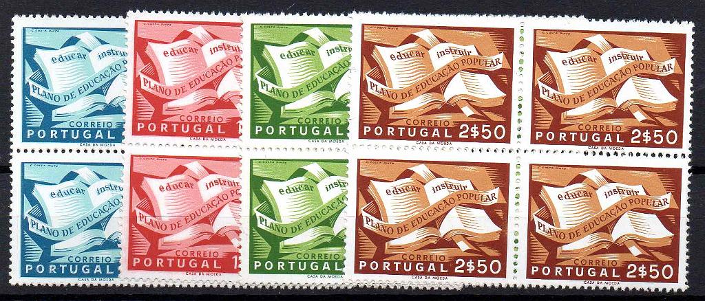 0941.jpg -     Lote:    941            Portugal       Descrição:         1954 &mdash; Campanha de Educação Popular. CE796/799. Série completa em quadras com goma original sem sinal de charneira. Valor de catálogo &euro; 520,00.        ***       Valor Base:     &euro; 50,00     Valor Venda:     &euro;      