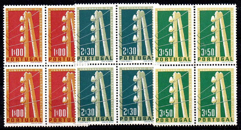 0945.jpg -     Lote:    945            Portugal       Descrição:         1955 &mdash; Centenário do Telégrafo Elétrico em Portugal. CE815/817. Série completa em quadras com goma original sem sinal de charneira. Valor de catálogo &euro; 428,00.        ***       Valor Base:     &euro; 40,00     Valor Venda:     &euro;      