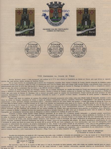0948.jpg -     Lote:    948            Portugal       Descrição:         1962 &mdash; 8.º Centenário da Cidade de Tomar. CE 881/882. Pagela com impressão do selo de 4$30 datada de 24/08/1961.        PGL       Valor Base:     &euro; 30,00     Valor Venda:     &euro;      