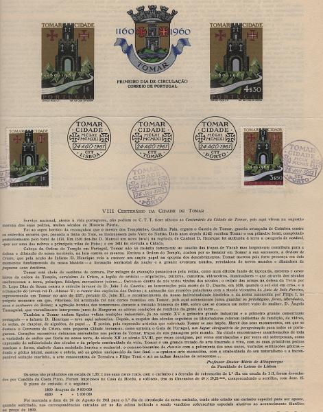 0949.jpg -     Lote:    949            Portugal       Descrição:         1962 &mdash; 8.º Centenário da Cidade de Tomar. CE 881/882. Pagela com impressão do selo de 4$30 datada de 24/08/1961 e com a série emitida (selo de 3$50) com carimbo de 1.º dia de circulação (26.01.62).        PGL       Valor Base:     &euro; 30,00     Valor Venda:     &euro;      