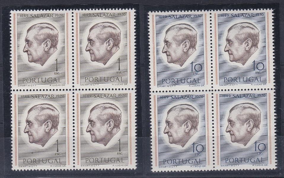 0972.jpg -     Lote:    972            Portugal       Descrição:         1971 &mdash; Presidente Salazar. CE1106a e 1108a, em denteado 12, em quadras. Valor de catálogo &euro; 900,00.        ***       Valor Base:     &euro; 120,00     Valor Venda:     &euro;      