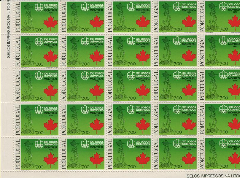 0982.jpg -     Lote:    982            Portugal       Descrição:         1976 &mdash; 21.ª Olimpíada Moderna * Montreal 1976. CE 1289/91. Série completa em folhas de 100 selos. Valor de catálogo &euro; 730,00.        ***       Valor Base:     &euro; 35,00     Valor Venda:     &euro;      