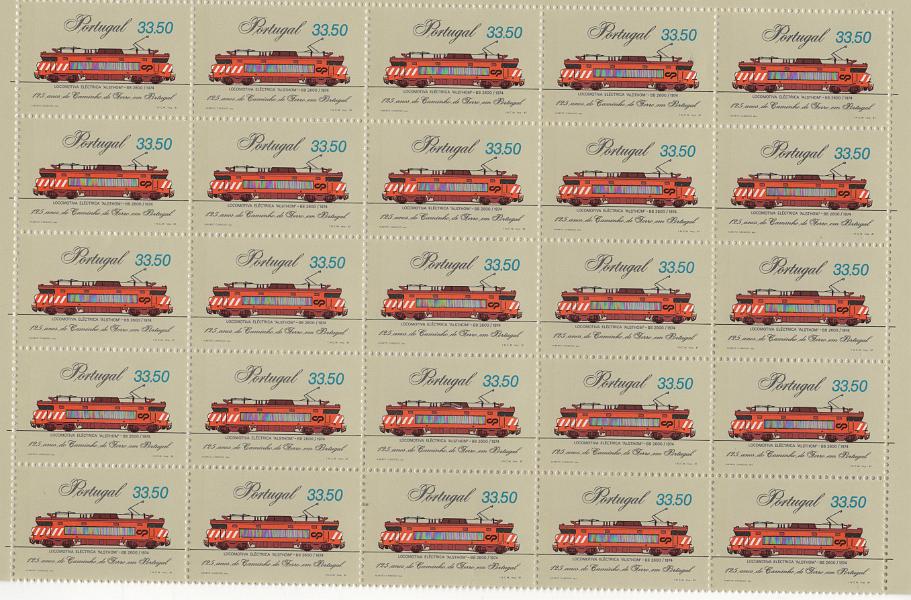 0990.jpg -     Lote:    990            Portugal       Descrição:         1981 &mdash; 125 Anos do Caminho de Ferro em Portugal. CE 154&frac14;4. Série completa em folhas de 50 selos. Valor de catálogo &euro; 725,00.        ***       Valor Base:     &euro; 40,00     Valor Venda:     &euro;      