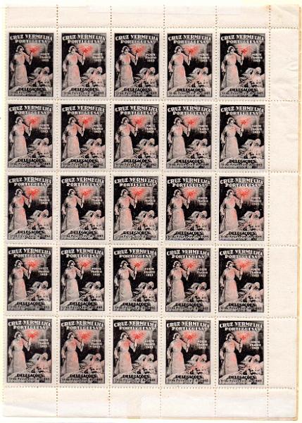 1011.jpg -     Lote:    1011            Portugal       Descrição:         1926 &mdash; Porte Franco. Cruz Vermelha Portuguesa. 60.º Aniversário da CVP. CE CVP4. Folha completa com 50 selos. Valor de catálogo &euro; 1.100,00.        ***       Valor Base:     &euro; 50,00     Valor Venda:     &euro;      