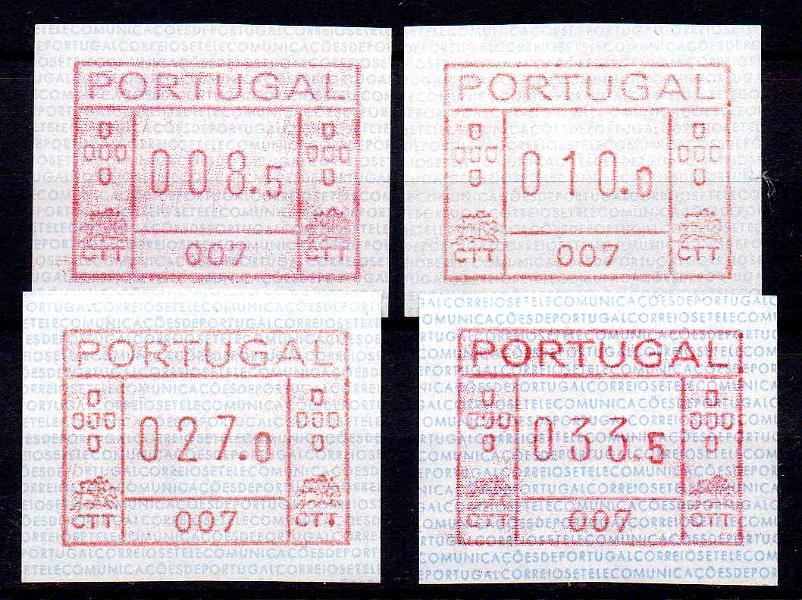 1026.jpg -     Lote:    1026            Portugal       Descrição:         1981/82 &mdash; Correios e Telecomunicações de Portugal * FRAMA. CE ETQ1. Série com 4 etiquetas de 008.5, 010.00, 027.0 e 033.5 da máquina 007 &mdash; Lagos.        ETQ       Valor Base:     &euro; 20,00     Valor Venda:     &euro;      