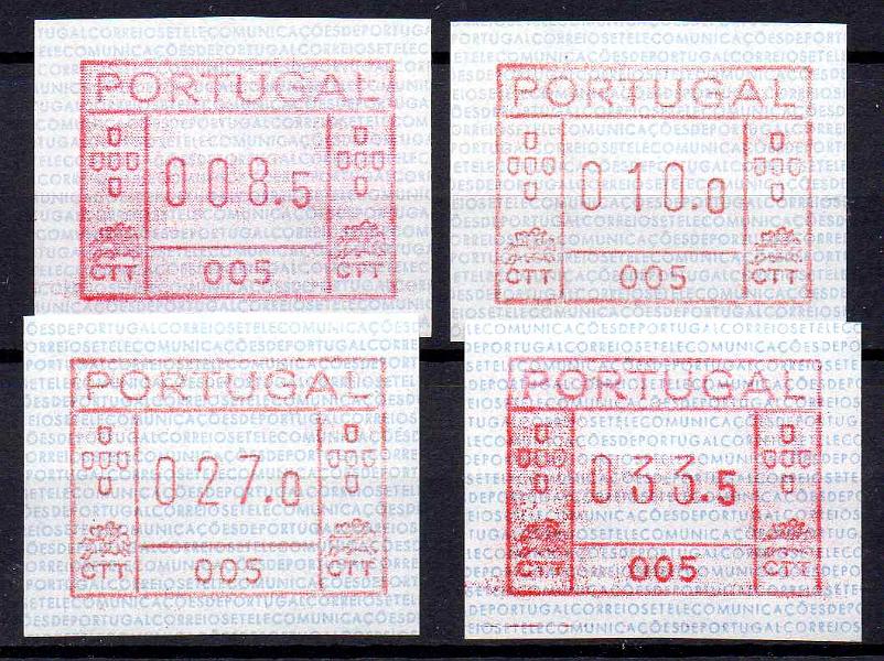 1028.jpg -     Lote:    1028            Portugal       Descrição:         1981/82 &mdash; Correios e Telecomunicações de Portugal * FRAMA. CE ETQ1. Série com 4 etiquetas de 008.5, 010.00, 027.0 e 033.5 da máquina 005 &mdash; Vila Real de S. António.        ETQ       Valor Base:     &euro; 20,00     Valor Venda:     &euro;      