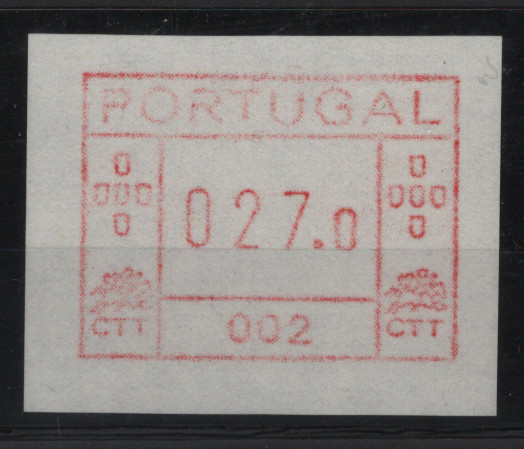 1031.jpg -     Lote:    1031            Portugal       Descrição:         1981 &mdash; Correios e Telecomunicações de Portugal. FRAMA. ETQ1, 27$00, Máquina 2. Impressa no verso do papel.        ETQ       Valor Base:     &euro; 15,00     Valor Venda:     &euro;      