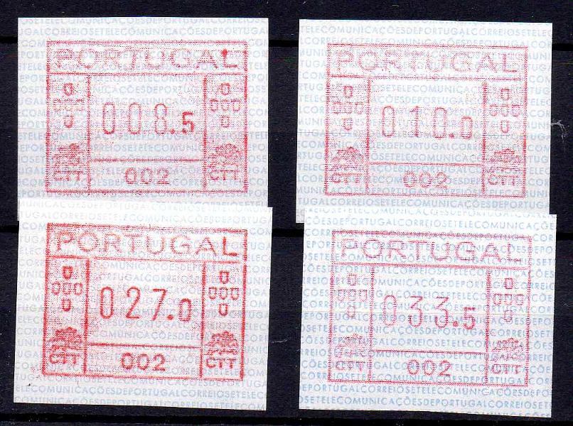1034.jpg -     Lote:    1034            Portugal       Descrição:         1981/82 &mdash; Correios e Telecomunicações de Portugal * FRAMA. CE ETQ1. Série com 4 etiquetas de 008.5, 010.00, 027.0 e 033.5 da máquina 002 &mdash; Lisboa * Terreiro do Paço..        ETQ       Valor Base:     &euro; 20,00     Valor Venda:     &euro;      