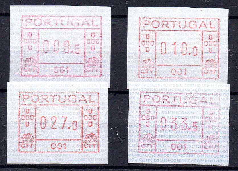 1035.jpg -     Lote:    1035            Portugal       Descrição:         1981/82 &mdash; Correios e Telecomunicações de Portugal * FRAMA. CE ETQ1. Série com 4 etiquetas de 008.5, 010.00, 027.0 e 033.5 da máquina 001 &mdash; Portimão.        ETQ       Valor Base:     &euro; 20,00     Valor Venda:     &euro;      