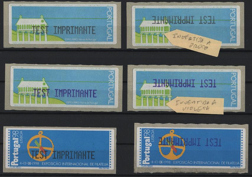 1036.jpg -     Lote:    1036            Portugal       Descrição:         1991/98 &mdash; Espigueiro &mdash; Norte de Portugal + Portugal'98. Lote de 6 etiquetas. ETQ3 com "TEST IMPRIMANTE" impressas a preto e violeta, ambas em impressão normal e invertida + ETQ14 com impressão a preto normal e a violeta invertida.        ETQ       Valor Base:     &euro; 15,00     Valor Venda:     &euro;      