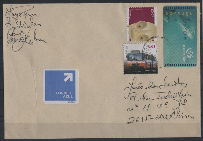 1041.jpg -     Lote:    1041            Portugal       Descrição:         1998 &mdash; Expo'98. Máquina AMIEL. Valor em euros. ETQ16B. Sobrescrito circulado de Lisboa para Alverca com etiqueta de &euro;0,46 com impressão invertida. B e R.        Carta       Valor Base:     &euro; 25,00     Valor Venda:     &euro;      