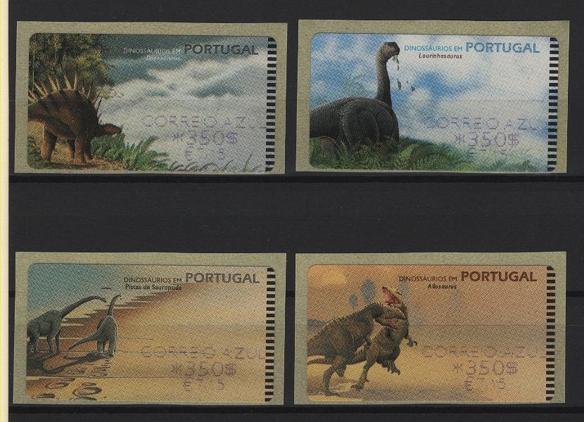 1046.jpg -     Lote:    1046            Portugal       Descrição:         1999 &mdash; Dinossáurios em Portugal. Máquina E-Post. Dupla afixação da taxa. CE ETQ20B. Lote de 4 etiquetas do Correio Azul com erro de conversão 350$ / &euro; 7,15 em vez de 350$ / &euro; 1,75. Raro.        ETQ       Valor Base:     &euro; 60,00     Valor Venda:     &euro;      