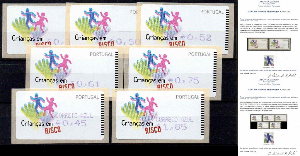 1049.jpg -     Lote:    1049            Portugal       Descrição:         2007 &mdash; Crianças em RISCO. Máquina SMD. CE ETQ39. Série completa para o correio ordinário e azul, com a impressão da cor azul deslocada para cima 1,2mm, em todos os valores. B e MR.        ETQ       Valor Base:     &euro; 40,00     Valor Venda:     &euro;      