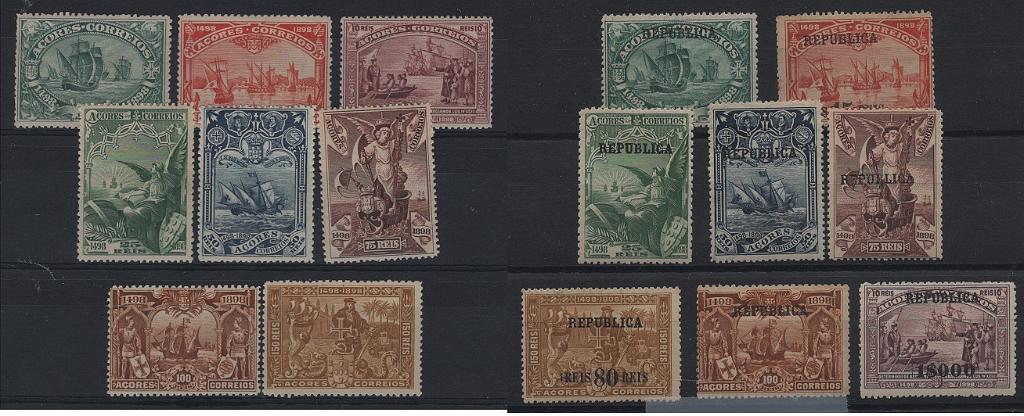1102.jpg -     Lote:    1102            Açores       Descrição:         1898/1911 &mdash; 4.º Centenário do Descobrimento do Caminho Marítimo para a Índia + idem, com sobrecarga REPU(BLICA. CE 88/95 + CE 135/145. As duas séries completas. Valor de catálogo &euro; 191,00.        **       Valor Base:     &euro; 20,00     Valor Venda:     &euro;      