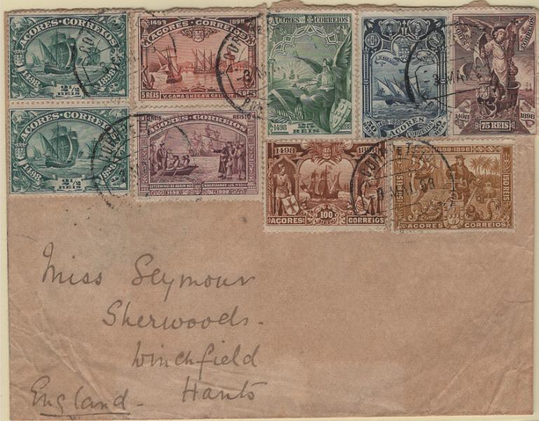 1103.jpg -     Lote:    1103            Açores       Descrição:         1898 &mdash; 4.º Centenário do Descobrimento do Caminho Marítimo para a Índia. CE88/95. Série completa + selo de 2 &frac12; reis, em carta circulada de Ponta Delgada (03.05.98) para a Inglaterra (13.05.98) com trânsito por Lisboa (09.05.98). B e R.        Carta       Valor Base:     &euro; 100,00     Valor Venda:     &euro;      