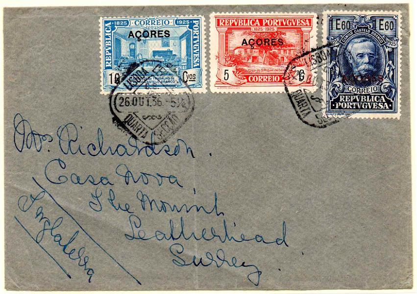 1110.jpg -     Lote:    1110            Açores       Descrição:         1925 &mdash; Camilo Castelo Branco. Selos do Continente com sobrecarga AÇORES, usados como selos de recurso em Portugal. Sobrescrito circulado de Lisboa (26.10.36) para Inglaterra com selos de 5C, 10C e 1$69 CE223, 224 e 236.        Carta       Valor Base:     &euro; 20,00     Valor Venda:     &euro;      