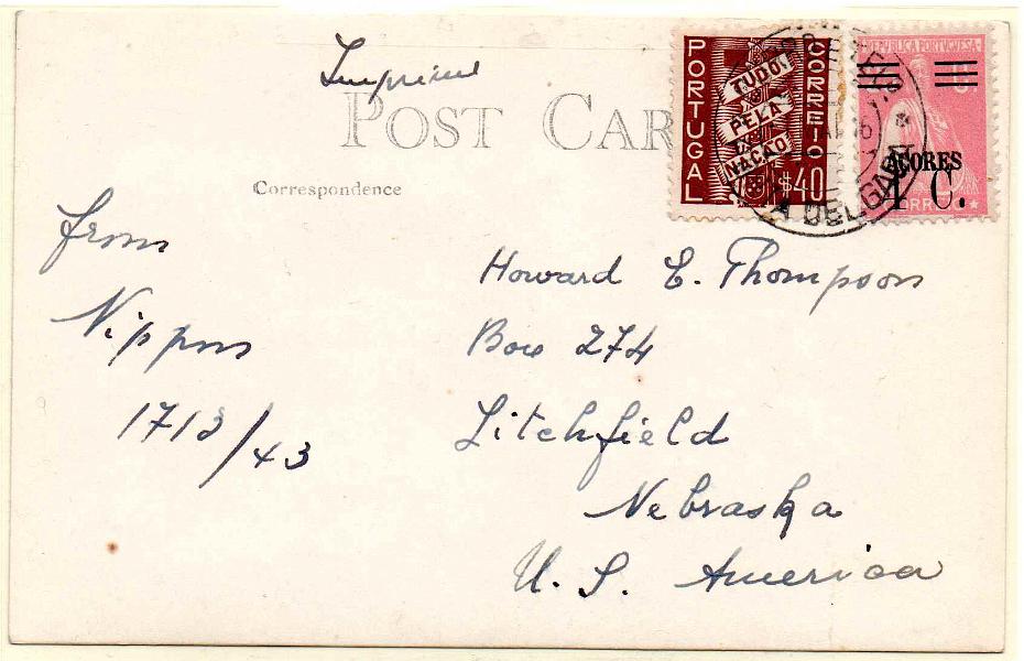 1111.jpg -     Lote:    1111            Açores       Descrição:         1928/35 &mdash; Ceres, com sobretaxa. Selos do Continente com sobrecarga AÇORES (selos de recurso) + Tudo pela Nação. Postal ilustrado circulado como impresso de Ponta Delgada (17.03.43) para os EUA com selo de 4C s/ 25C CE282 + $40 CE571.        PI       Valor Base:     &euro; 10,00     Valor Venda:     &euro;      