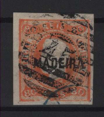 1116.jpg -     Lote:    1116            Madeira       Descrição:         1868 &mdash; D. Luís I. Fita curva, não denteados. CE3, 80 reis. Selo com boas margens, obliterado com carimbo numérico da 2.ª reforma "45". Valor de catálogo &euro; 255,00.        O       Valor Base:     &euro; 25,00     Valor Venda:     &euro;      