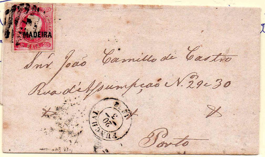 1117.jpg -     Lote:    1117            Madeira       Descrição:         1868/70 &mdash; D. Luís I. Fita curva, denteados. CE8, 25 reis (cortado à tesoura e quase sem denteado) em carta circulada do Funchal (20.03.72) para o Porto (21.03.72) com trânsito por Lisboa (23.03.72).        Carta       Valor Base:     &euro; 25,00     Valor Venda:     &euro;      