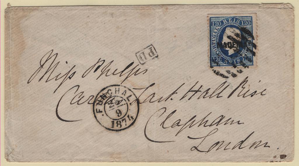 1119.jpg -     Lote:    1119            Madeira       Descrição:         1871/76 &mdash; D. Luís I. Fita direita. Selo do Continente com sobrecarga MADEIRA, tipo B. CE21, 120 reis, denteado 12 &frac12;, em sobrescrito circulado do Funchal (25.09.74) para Londres (29.09.74). B.        Carta       Valor Base:     &euro; 100,00     Valor Venda:     &euro;      