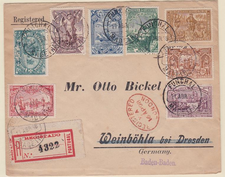 1120.jpg -     Lote:    1120            Madeira       Descrição:         1898 &mdash; 4º Centenário do Descobrimento do Caminho Marítimo para a Índia. Carta registada com a série completa CE 33/40 remetida do Funchal, Madeira (11.04.98), para a Alemanha (17.04.98). Trânsito em Londres (16.04.98). MB e R.        Carta       Valor Base:     &euro; 100,00     Valor Venda:     &euro;      