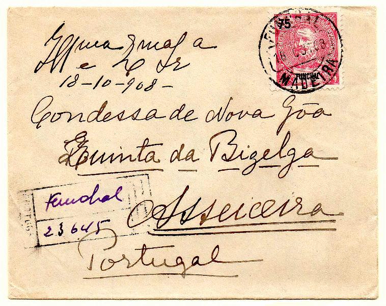1122.jpg -     Lote:    1122            Funchal       Descrição:         1897 &mdash; D. Carlos I Mouchon. CE 20, 75 reis em sobrescrito circulado registado do Funchal (18.10.08) para a Asseiceira.        Carta       Valor Base:     &euro; 8,00     Valor Venda:     &euro;      