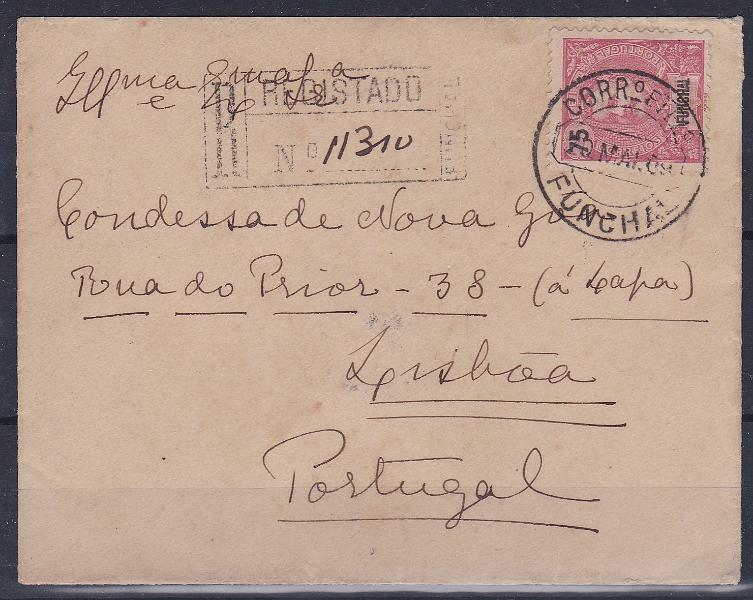 1123.jpg -     Lote:    1123            Funchal       Descrição:         1897 &mdash; D. Carlos I Mouchon. CE20, 75 reis em sobrescrito circulado registado do Funchal (20.05.09) para Lisboa.        Carta       Valor Base:     &euro; 20,00     Valor Venda:     &euro;      