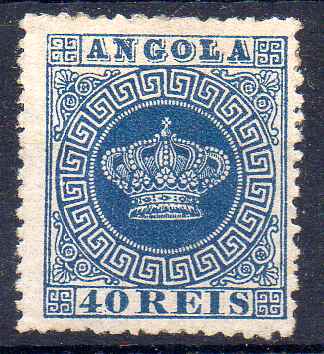 1130.jpg -     Lote:    1130            Angola       Descrição:         1870/77 &mdash; Tipo Coroa. CE5, 40 reis azul, tipo I, papel liso médio, denteado 12 &frac12;. Exemplar sem defeitos, com goma original e charneira, sem reparações e com boa cor. Certificado de Peritagem de J. Miranda da Mota. Valor de catálogo &euro; 425,00.        **       Valor Base:     &euro; 90,00     Valor Venda:     &euro;      