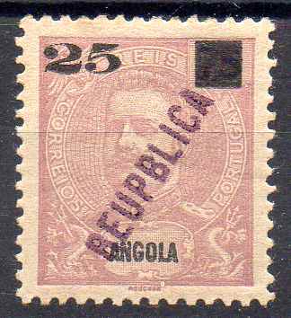 1133.jpg -     Lote:    1133            Angola       Descrição:         1912 &mdash; D. Carlos I Mouchon, com sobretaxa e sobrecarga REPUBLICA local. CE117, 25 s/ 75 reis, com a variedade "REUPLICA. Valor de catálogo &euro; 180,00.        ***       Valor Base:     &euro; 40,00     Valor Venda:     &euro;      