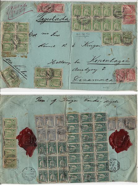 1134.jpg -     Lote:    1134            Angola       Descrição:         1914/26 &mdash; Ceres. Sobrescrito de grandes dimensões circulado registado de Cambambe (31.03.31) para a Dinamarca com 30 selos de 1c denteado 15x14, papel liso CE144 + 10 selos de 15c, denteado 12x11 &frac12;, papel liso CE152 + 30 selos de 12c CE213 + 9 selos de 24c CE 214. Total de 79 selos. Período da inflação.        Carta       Valor Base:     &euro; 75,00     Valor Venda:     &euro;      