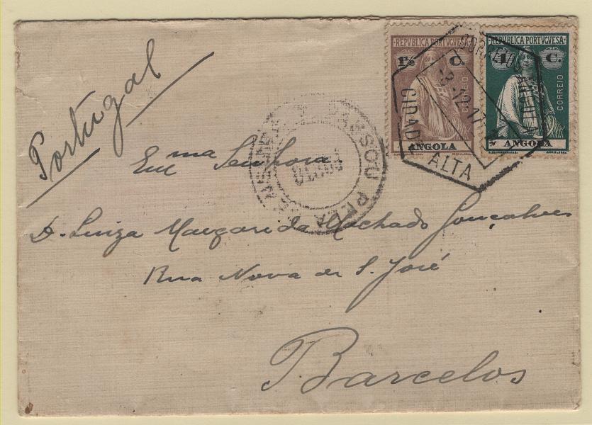 1135.jpg -     Lote:    1135            Angola       Descrição:         1914 &mdash; Ceres. Sobrescrito circulado da Cidade Alta / Luanda (03.12.17) para Barcelos (16.01.18) com selos de 1c e 1 &frac12; c CE 144/145. Carimbo hexagonal "CIDADE ALTA". MB e R.        Carta       Valor Base:     &euro; 40,00     Valor Venda:     &euro;      