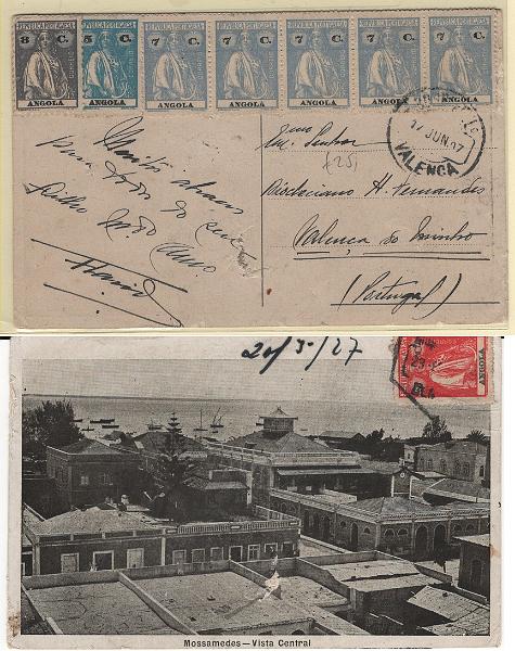 1136.jpg -     Lote:    1136            Angola       Descrição:         1914/22 &mdash; Ceres. Postal ilustrado circulado de Luanda (20.05.27) para Valença (17.06.27) com selos de 2C (verso), 5C, 8C e tira de 5 selos de 7C CE146, 148, 150 e 204.        PI       Valor Base:     &euro; 20,00     Valor Venda:     &euro;      