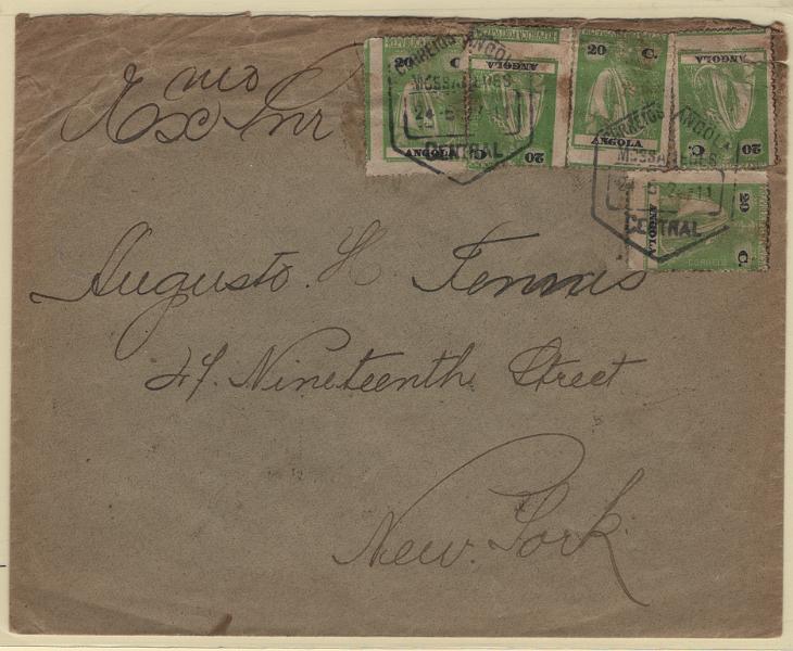 1137.jpg -     Lote:    1137            Angola       Descrição:         1914 &mdash; Ceres. CE153, 20C, denteado 15x14, papel liso. Cinco selos em carta circulada de Moçamedes (24.05.23) para os EUA. Todos os selos com acentuada deslocação do denteado. B e R.        Carta       Valor Base:     &euro; 25,00     Valor Venda:     &euro;      