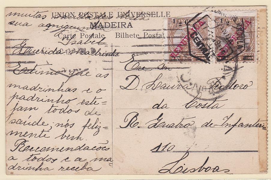 1139.jpg -     Lote:    1139            Angola       Descrição:         1919 &mdash; D. Manuel II, com sobrecarga REPUBLICA da Casa da Moeda e sobretaxa local. CE190, &frac12; C s/ 75 reis. Par horizontal em postal ilustrado circulado de Loanda (17.01.19) para Lisboa. MB e MR.        PI       Valor Base:     &euro; 30,00     Valor Venda:     &euro;      
