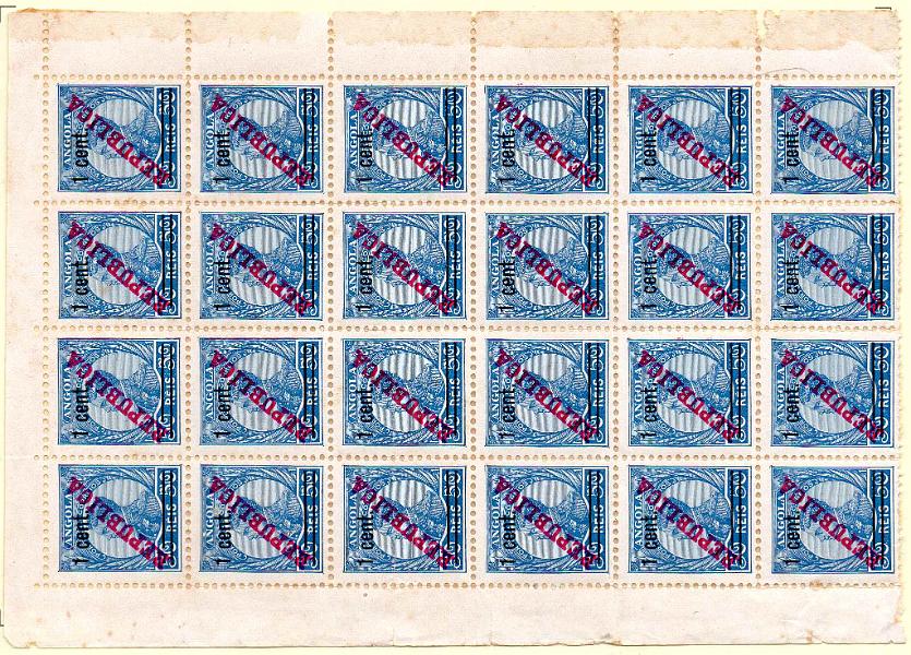 1142.jpg -     Lote:    1142            Angola       Descrição:         1921 &mdash; D. Manuel II, com sobrecarga REPUBLICA e sobretaxa. CE197, 1C s/ 50 reis. Bloco com 24 selos. Valor de catálogo &euro; 84,00.        *       Valor Base:     &euro; 16,00     Valor Venda:     &euro;      