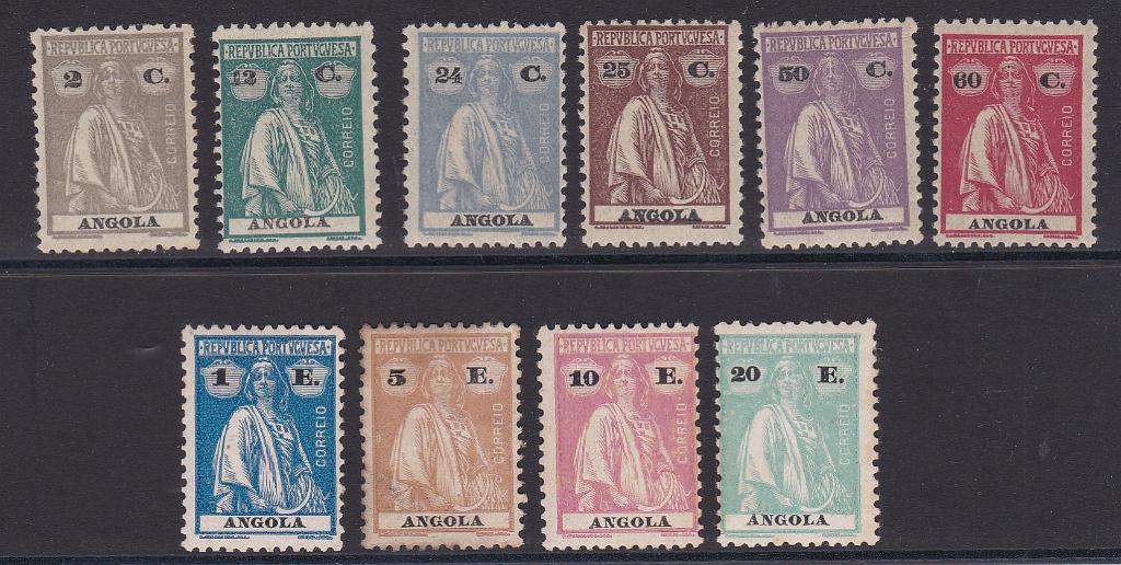 1143.jpg -     Lote:    1143            Angola       Descrição:         1925/26 &mdash; Ceres. Novas cores e valores. CE 212/221. Série completa. Selo de 5$00 com goma não original e sujo. Lote a ver. Valor de catálogo &euro; 302,00.        **       Valor Base:     &euro; 50,00     Valor Venda:     &euro;      