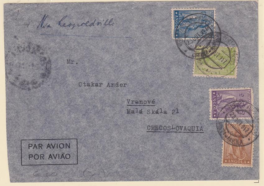 1148.jpg -     Lote:    1148            Angola       Descrição:         1933 &mdash; Ceres. Novo tipo. Sobrescrito circulado por via aérea de Luanda (28.10.47) para a Checoslováquia, com trânsito por Leopoldville (29.10.47) com selos de 50c, 1$75, 2$00 e 5$00. CE236, 291, 243 e 244. MB.        Carta       Valor Base:     &euro; 12,00     Valor Venda:     &euro;      