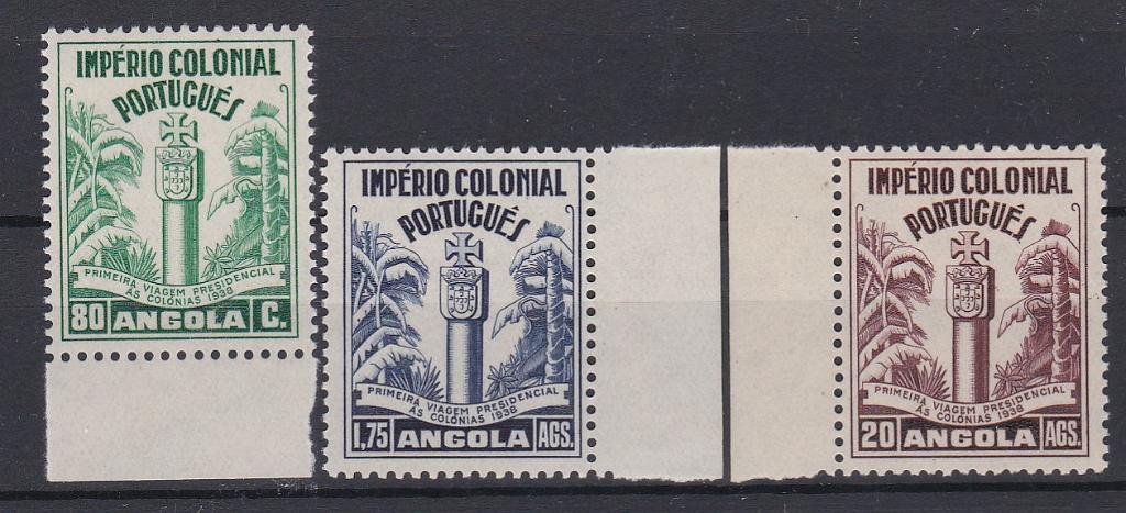 1150.jpg -     Lote:    1150            Angola       Descrição:         1938 &mdash; Primeira Viagem Presidencial às Colónias. CE 276/278. Série completa com goma original sem charneira, em bordo de folha. Valor de catálogo &euro; 182,00.        ***       Valor Base:     &euro; 40,00     Valor Venda:     &euro;      