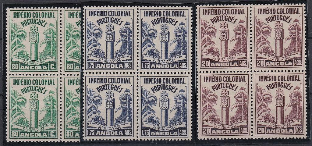 1151.jpg -     Lote:    1151            Angola       Descrição:         1938 &mdash; Primeira Viagem Presidencial às Colónias. CE 276/278. Série completa em quadras, com goma original sem charneira. Valor de catálogo &euro; 728,00.        ***       Valor Base:     &euro; 160,00     Valor Venda:     &euro;      